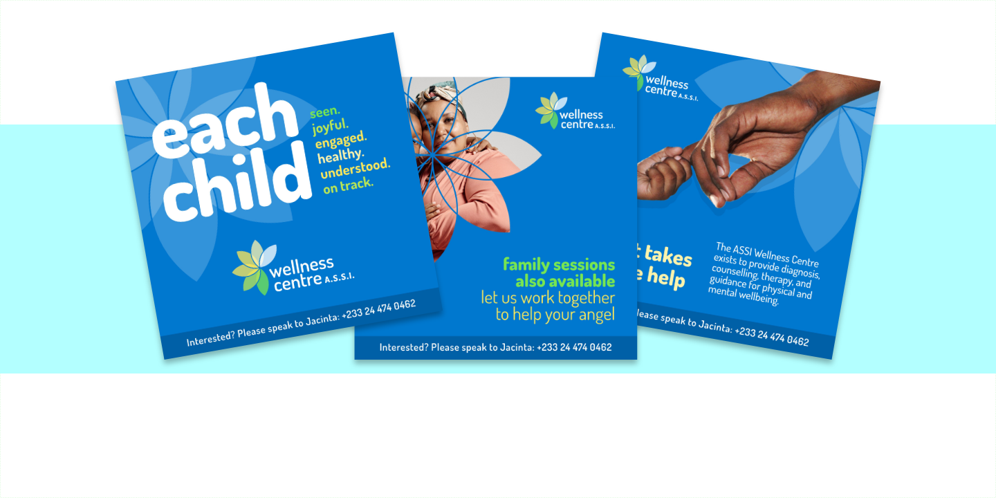 A colourful mockup showing three overlapping poster designs for the ASSI Wellness Center, with the petals of its logo used as a photo frame or background element