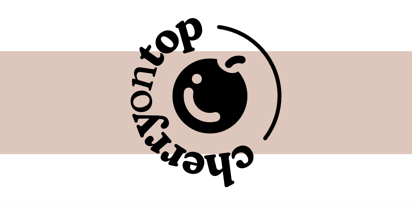 A combination logo featuring a simple cutout icon of a cherry with a bright spotlight in the shape of an abstract 'C', with a roundel of chunky serif letters