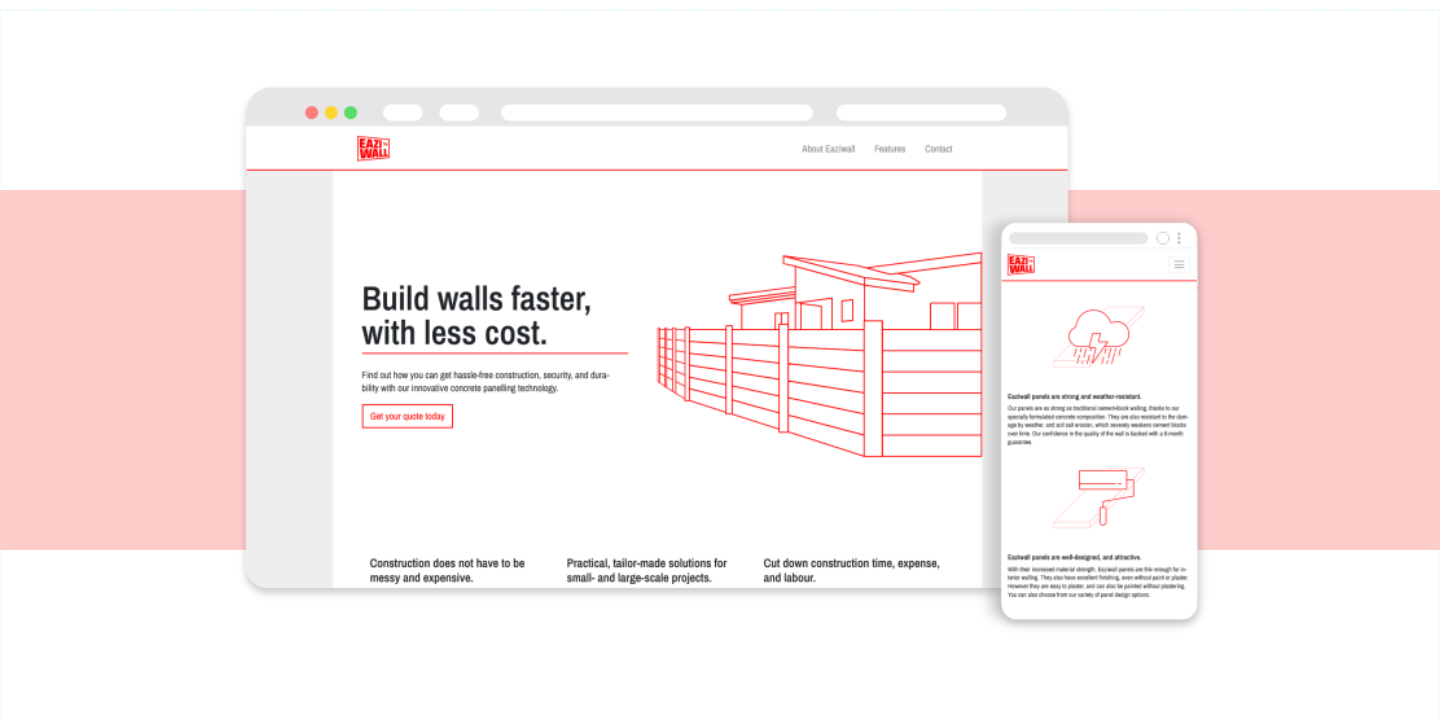 A minimal web browser mockup showing the topfold of the Eaziwall site with narrow sans serif type, and a red line drawing of a walled house in the style of architectural blueprints