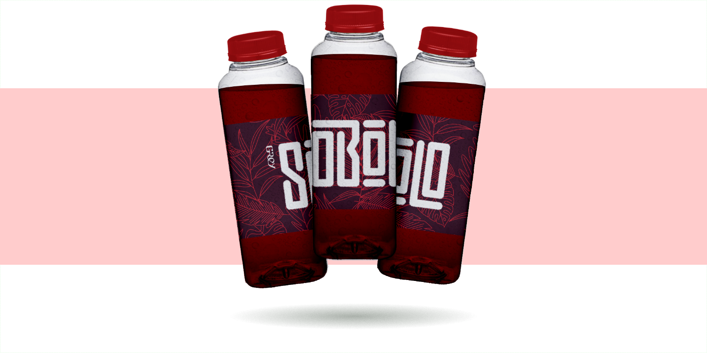 A colourful mockup of three titled soft drink bottles filled with a red liquid. The label features ornate line drawings of tropical plants in the background, overlaid with jumbo interlocking lettering that reads 'Sobolo'