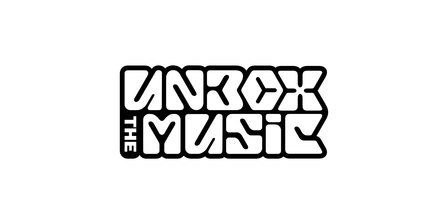 A monochrome version of the main Unbox the Music logo, showing its fusion of geometric and organic shapes in tightly-packed bubble lettering